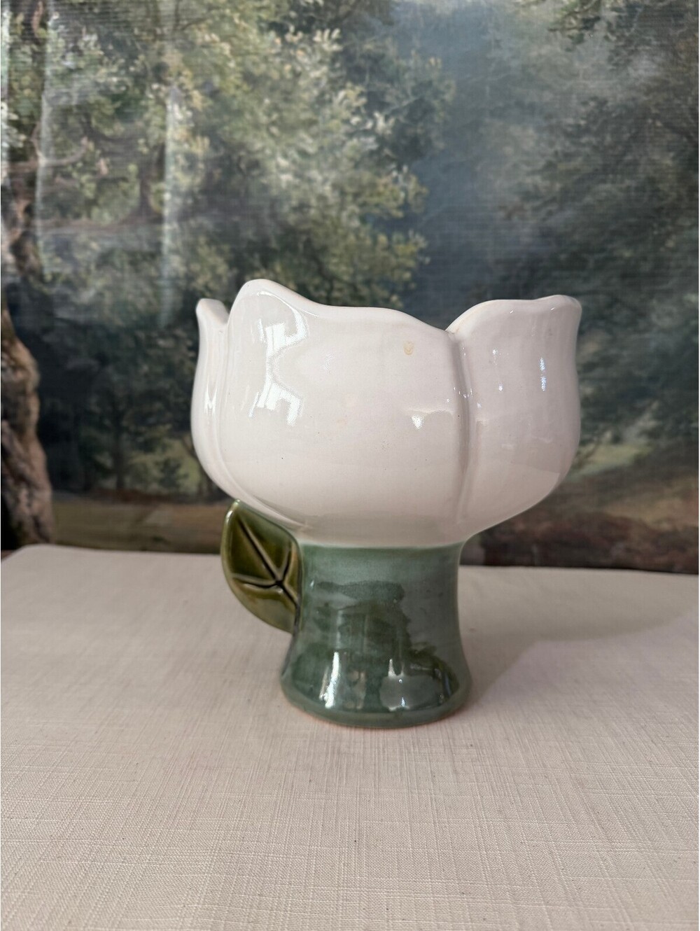White Flower Form Pottery Vase with Green Pedestal Base
